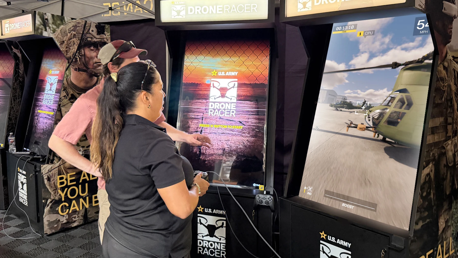 Visitors playing Army Drone Racer at the event activation