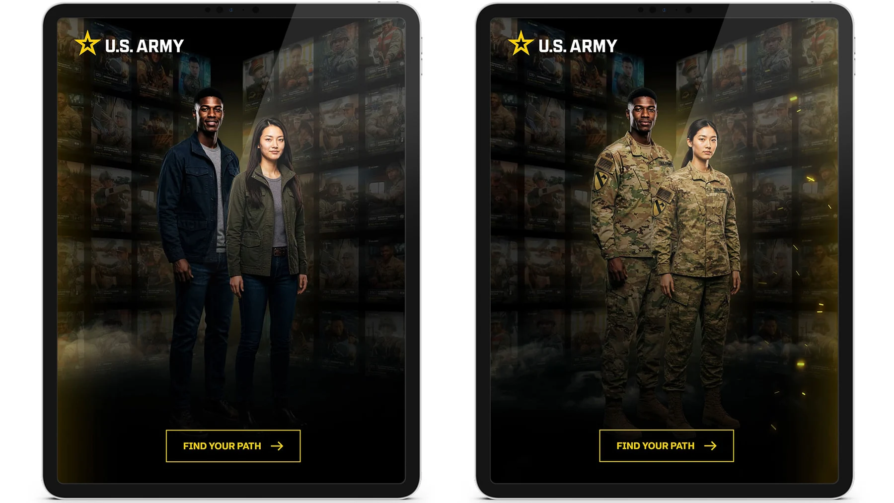 Personalized Mission Ready portraits showing guests in different Army career roles