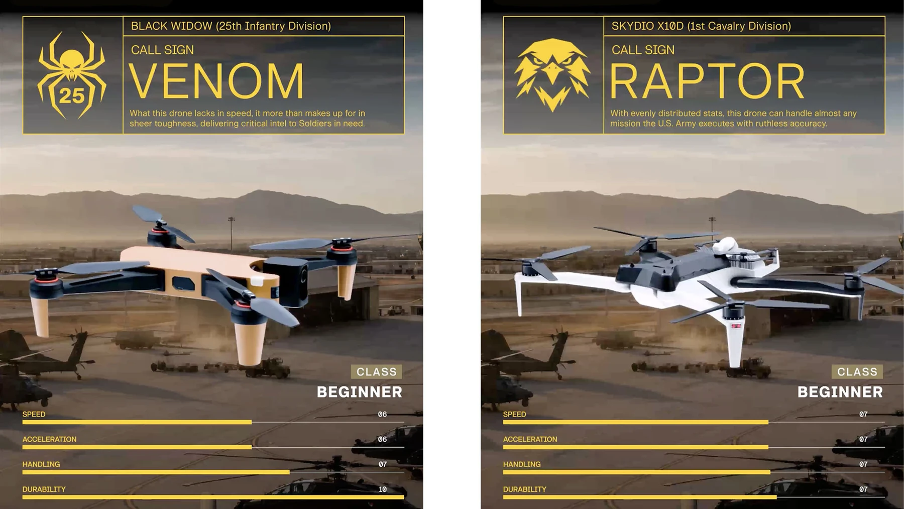 The playable drone lineup in Army Drone Racer