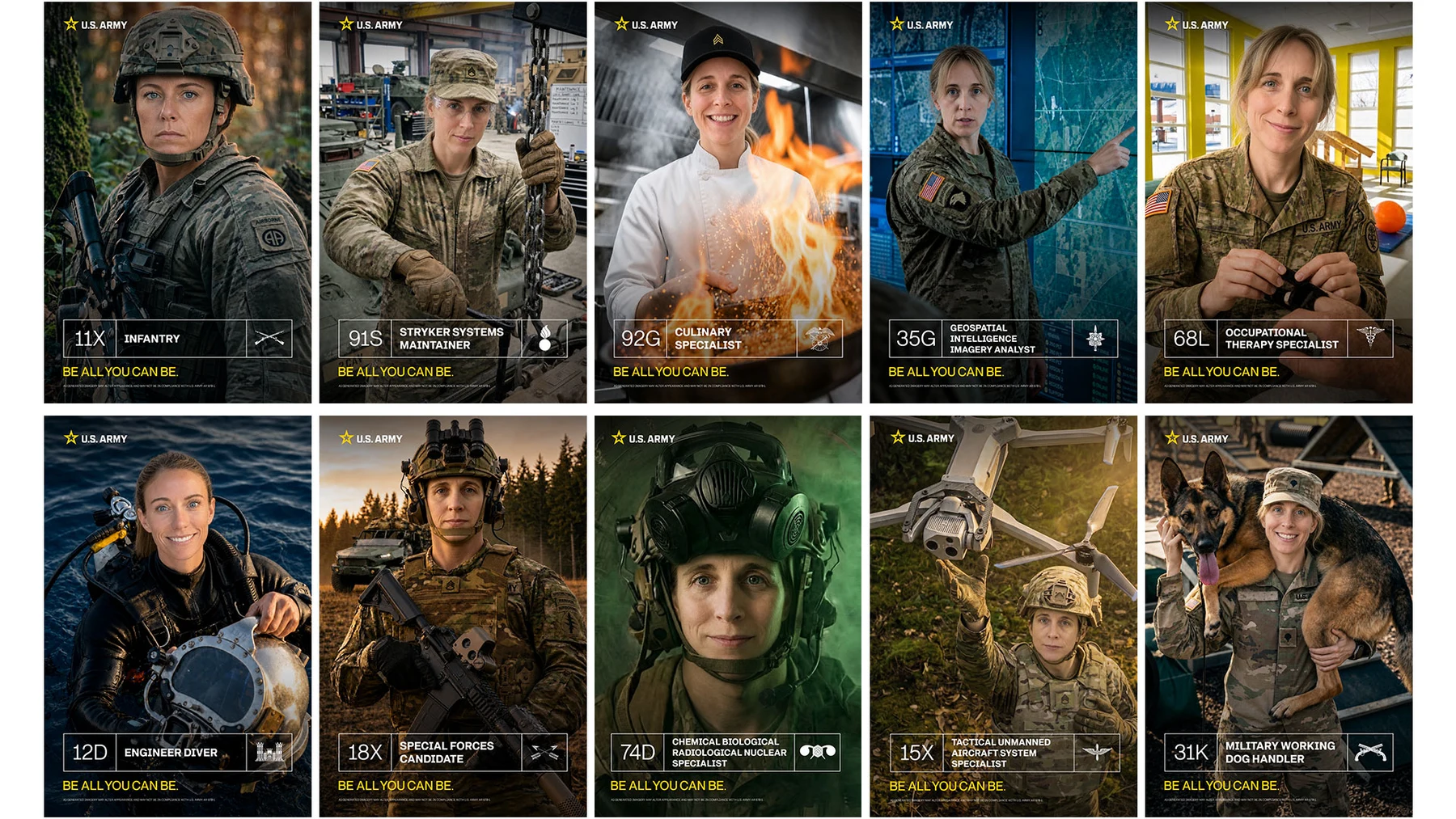 Personalized portraits illustrating a range of Army careers
