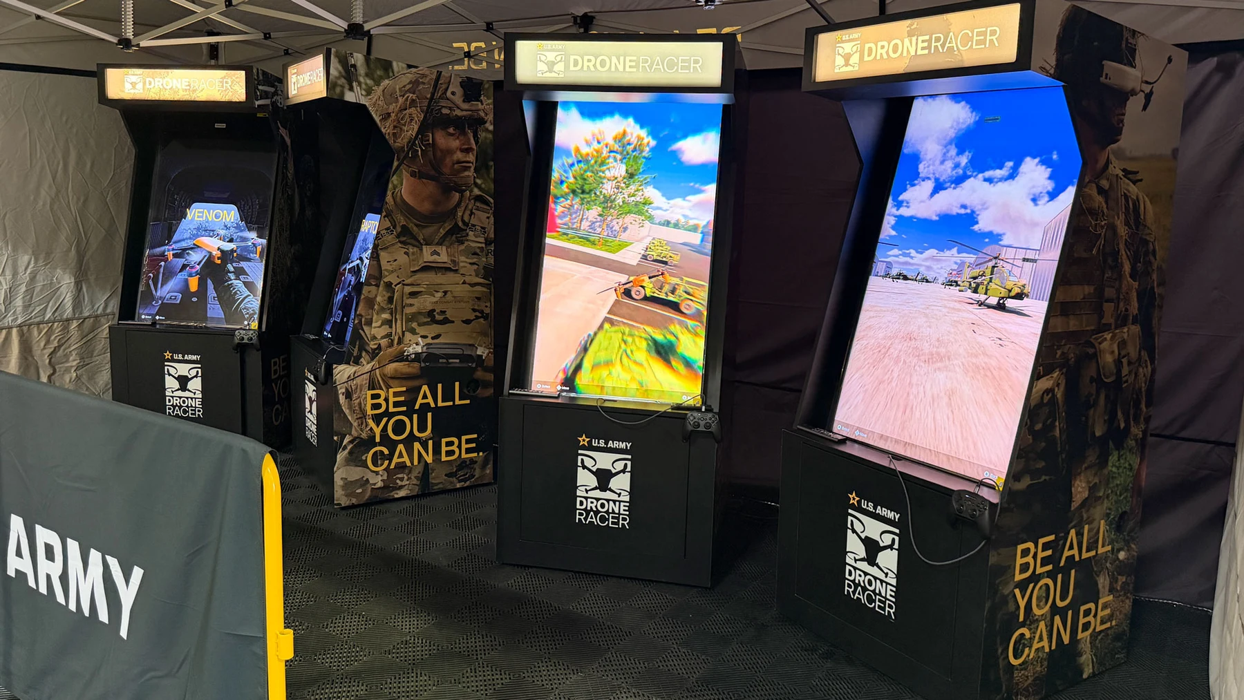 Army Drone Racer arcade cabinets at the activation